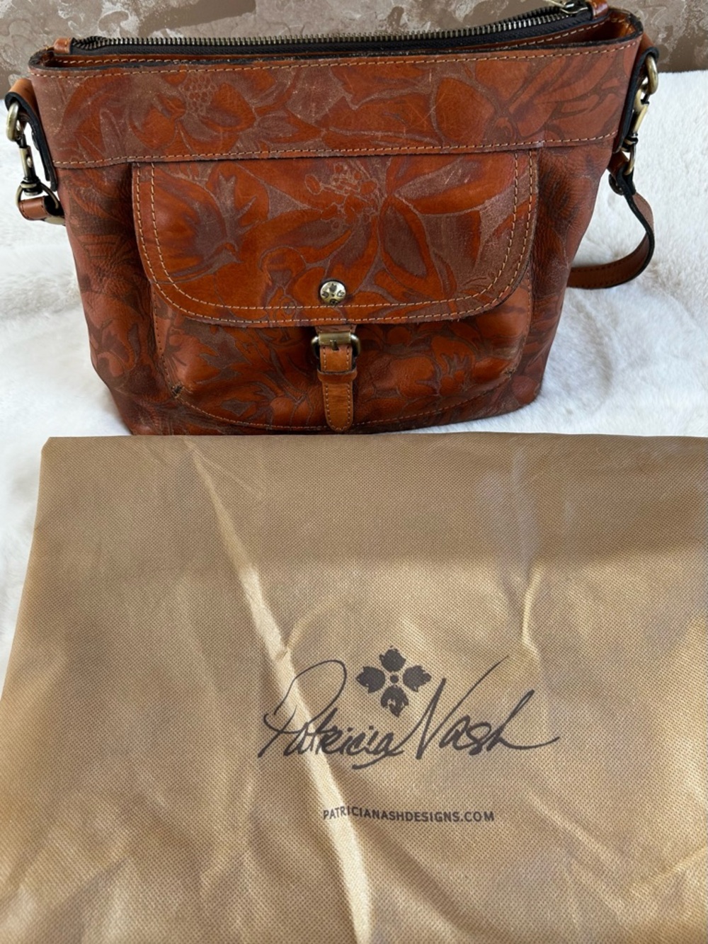 Patricia Nash Embossed Floral Leather Messenger Bag - Tan/Brown